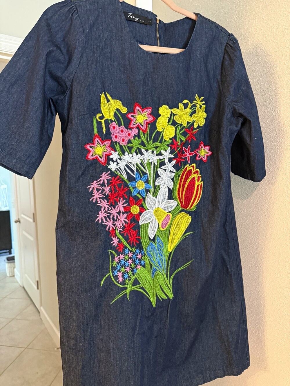 Ting by MZ Blue Denim Floral Embroidered Mini Dress Square Neck 3/4 L